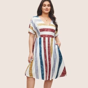 BloomChic Plus Size 6XL Color Striped Pocket Batwing Sleeve Dress us30